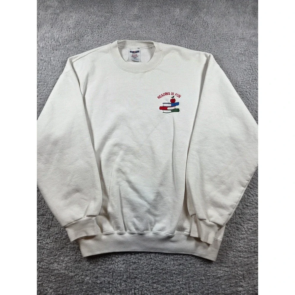 Jerzees Sweatshirt Large Cream Unisex Reading Is Fun Books Embroidered Vintage - Picture 1 of 7